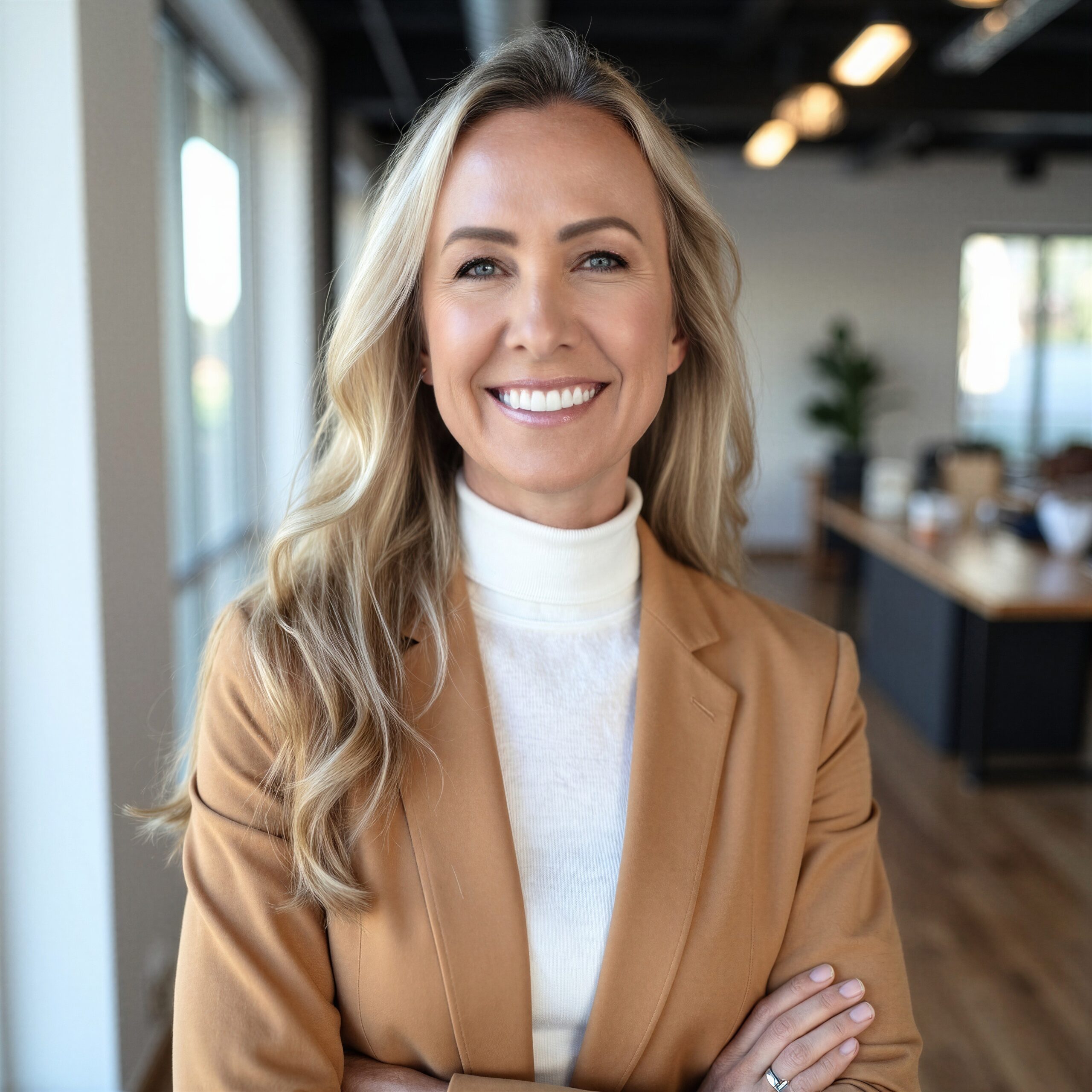 Smiling professional woman in a tan blazer and white turtleneck, standing confidently with arms crossed. Modern office background highlights a welcoming atmosphere.