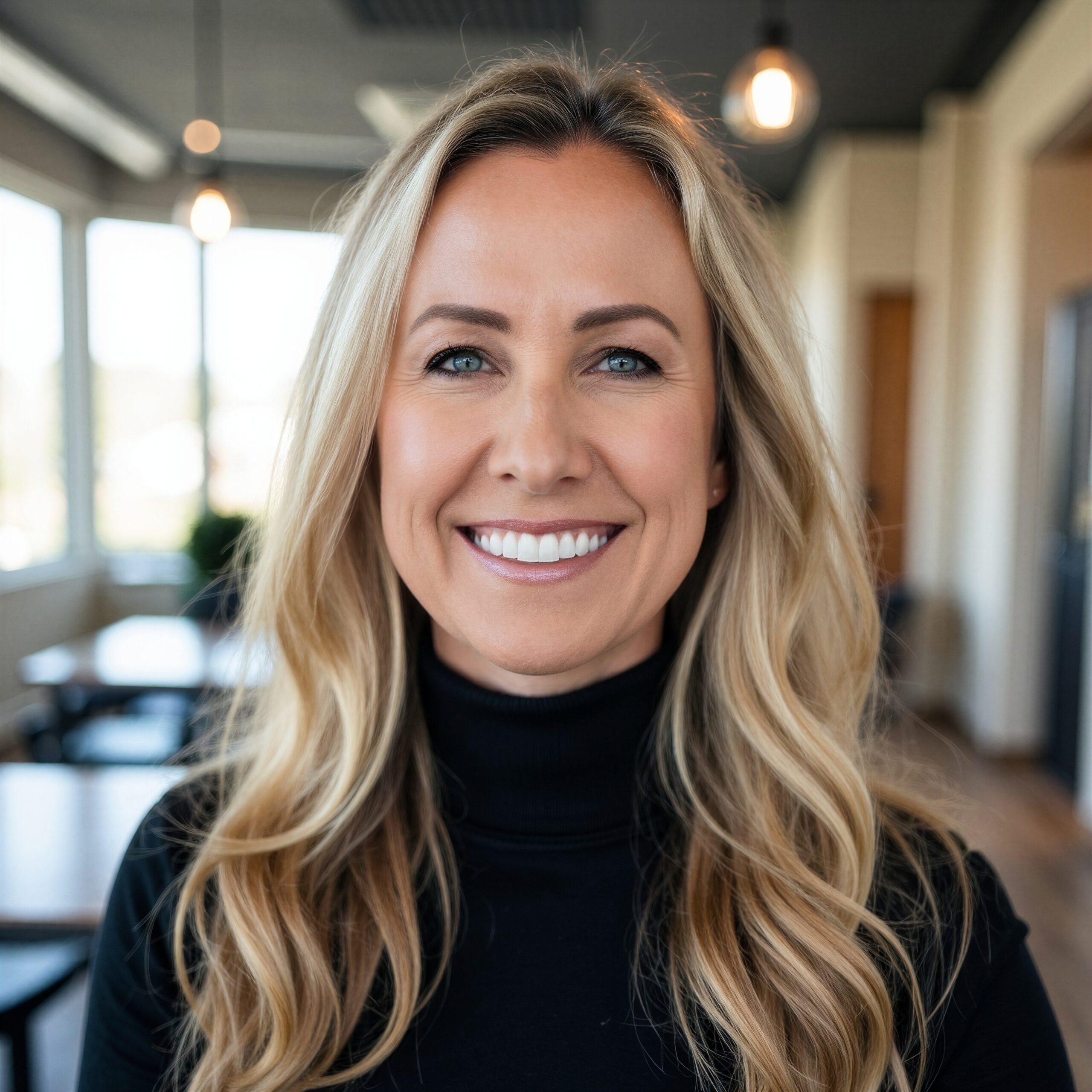 Smiling woman with long, wavy blonde hair and blue eyes, wearing a black turtleneck, in a well-lit café setting.