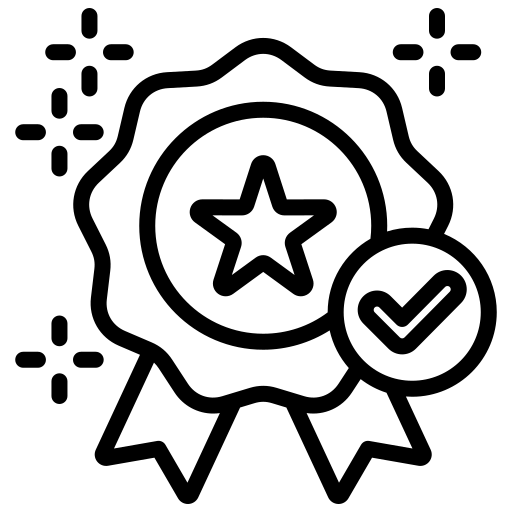 A badge with a star and checkmark, symbolizing quality or achievement. Used to represent excellence in awards or certifications.