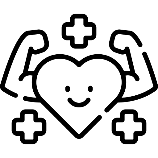 Icon depicting a smiling heart with flexing arms, symbolizing strength and well-being, relevant to health and fitness themes.