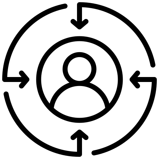 User-centric design concept featuring a central figure surrounded by circular arrows, symbolizing feedback and continuous improvement processes.