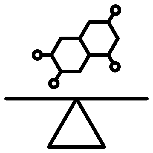 Chemical balance symbol featuring a molecular structure on a scale. Represents equilibrium in scientific contexts, relevant for chemistry discussions.