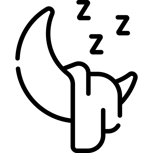 A simple line drawing of a sleeping animal with a crescent moon and sleep symbols, emphasizing themes of rest and tranquility.